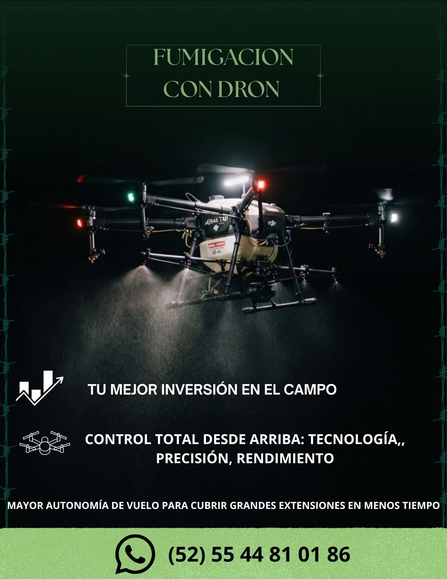 Dron agrícola en operación nocturna